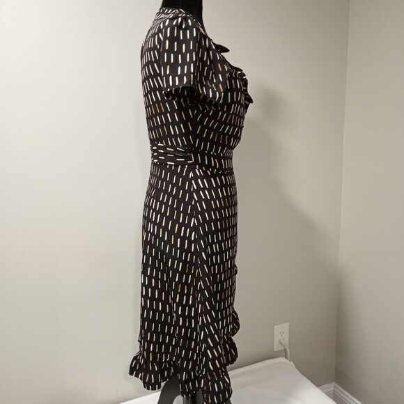 LARK & RO BLACK|BEIGE PRINT RUFFLE EDGED WRAP MIDI DRESS WOMEN SIZE M - Picture 9 of 9